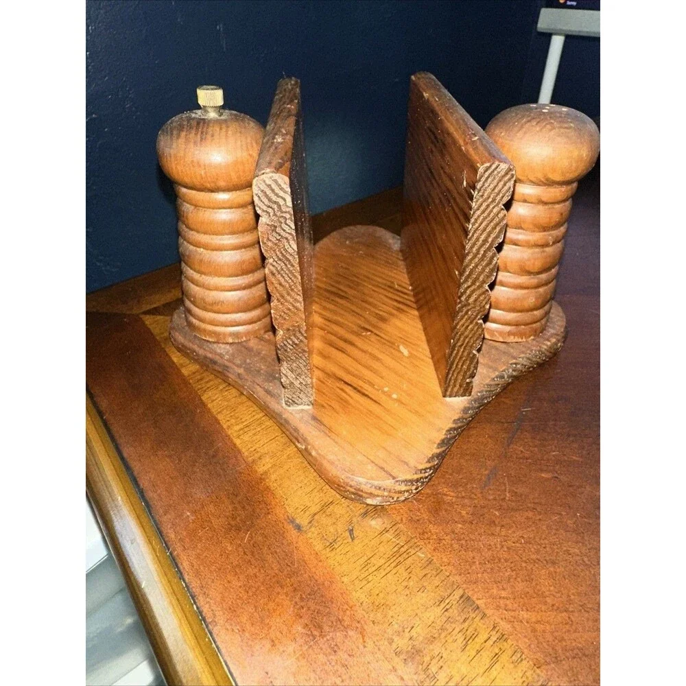 Wooden Salt & Pepper Shakers Napkin Holder Caddy Set Vintage Farmhouse Kitchen